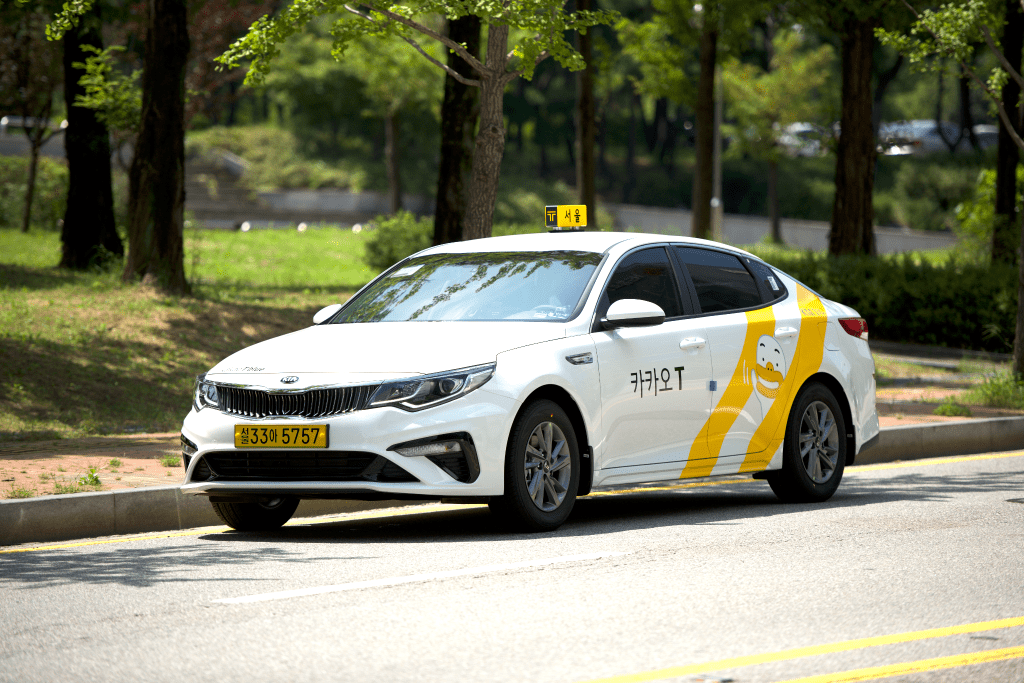 A Kakao T taxi parked on a street in Seoul, South Korea.
