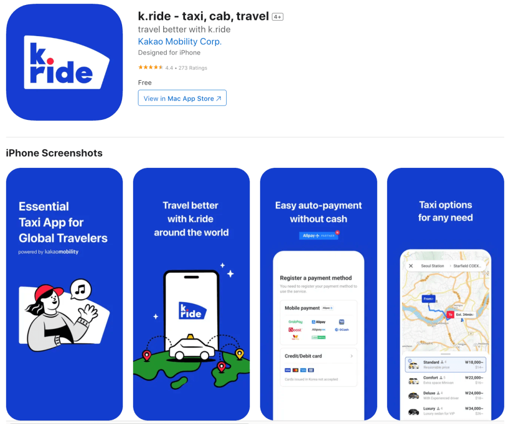k.ride app listing on the Mac App Store, featuring logo, rating, and key feature screenshots for global taxi service.