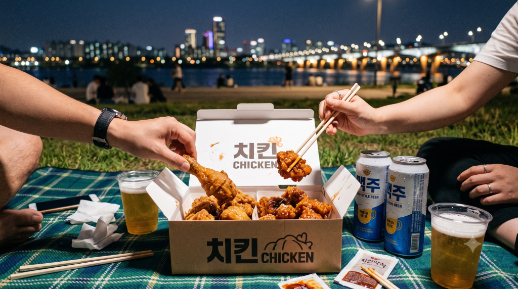 夜の公園でチキンを楽しむ二人の手と飲み物の写真。